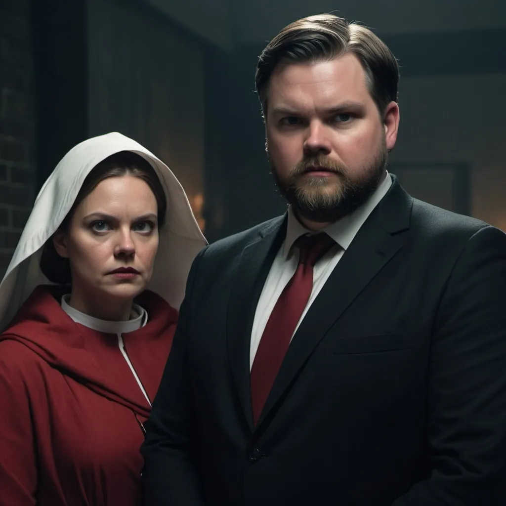 Prompt: JD Vance with beard standing next to Handmaiden's Tale woman with muzzle
