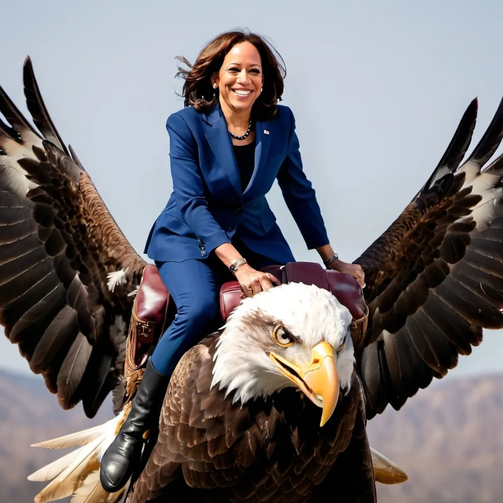 Prompt: A smiling Kamala Harris riding on the back of a bald eagle

