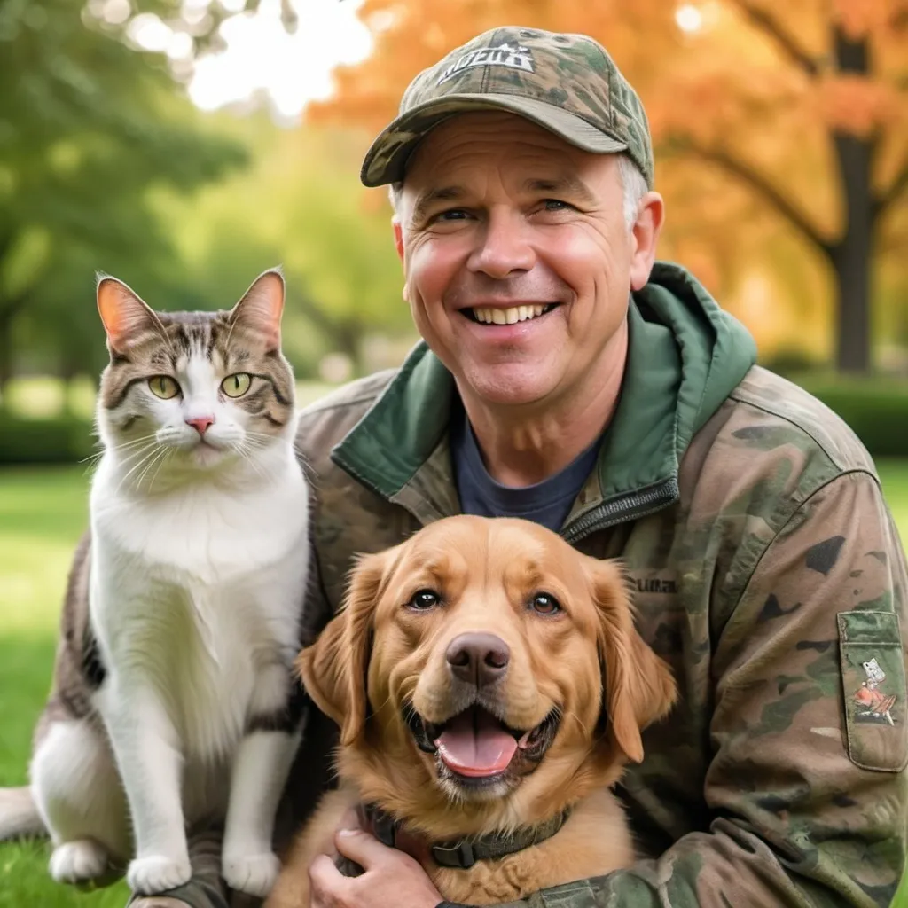 Prompt: Tim walz with a camo hat with his dog and cat next to him
