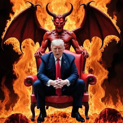 Prompt: trump and satan sitting in hell with flames around them
