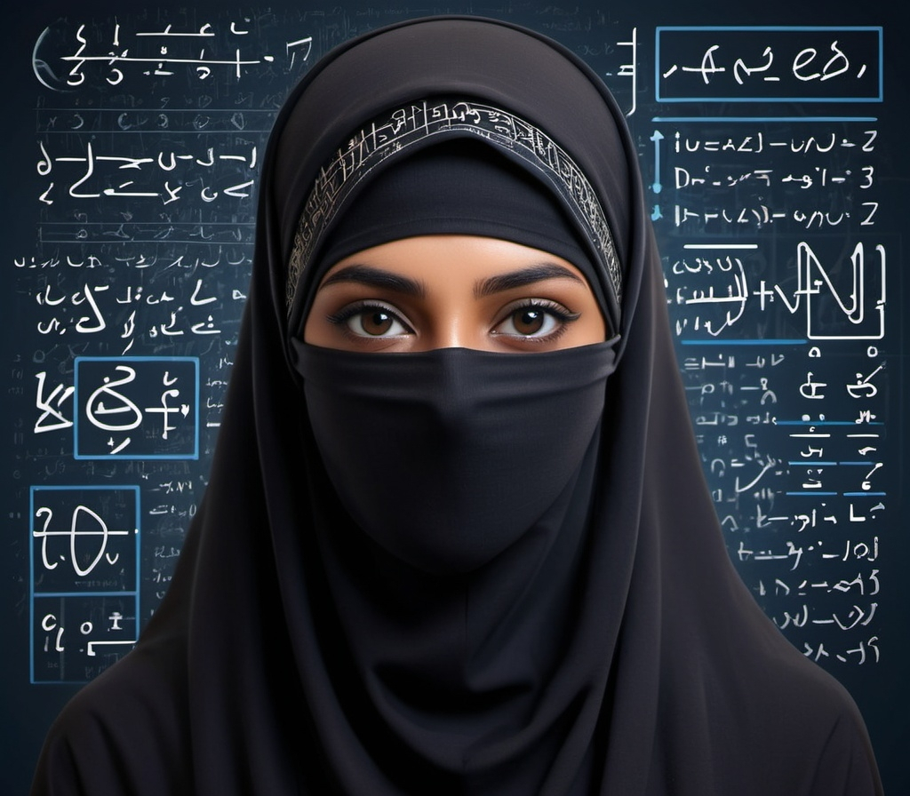 Prompt: computer science girl, wearing black niqab, dark brown skin, math background, art style
