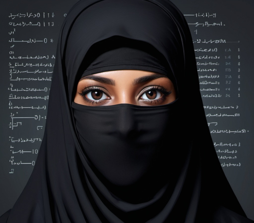 Prompt: Girl, computer science details, wearing black niqab, black skin, math background, art style
