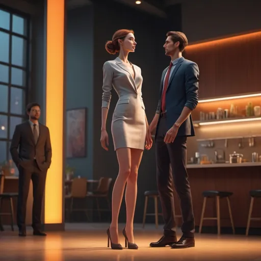 Prompt: (tall slender woman), towering over, (short man), dramatic height difference, expressive body language, contrasting poses, (highly detailed facial expressions), vibrant color scheme, playful atmosphere, (dynamic composition), engaging interaction, warm lighting, (ultra-detailed), visually striking, contemporary setting, emphasizing the difference in stature, (4K quality).