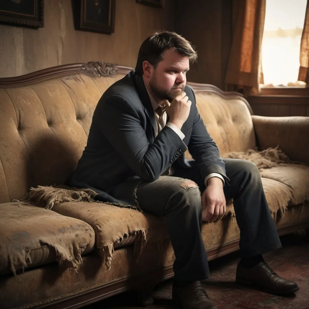 Prompt: JD Vance with a beard kneeling next to a frayed couch lovingly stroking and kissing it