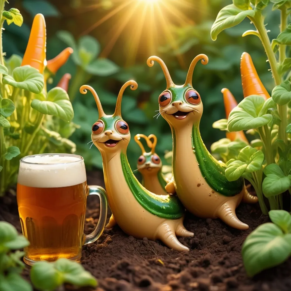 Prompt: Slugs drowning themselves in a plate of beer that place on the soil around the vegetable garden 