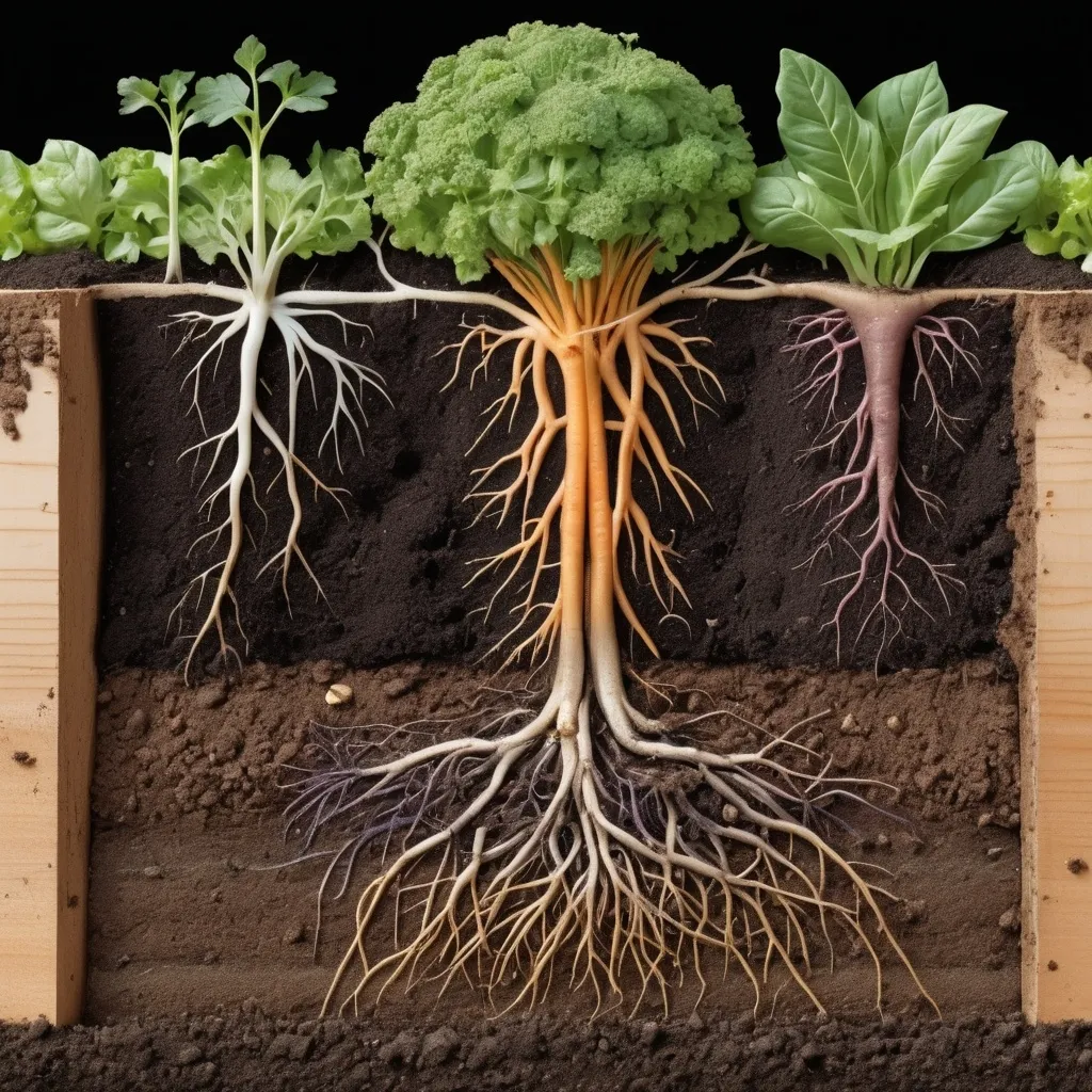 Prompt: Detailed cross section showing roots and soil life under a vegetable bed