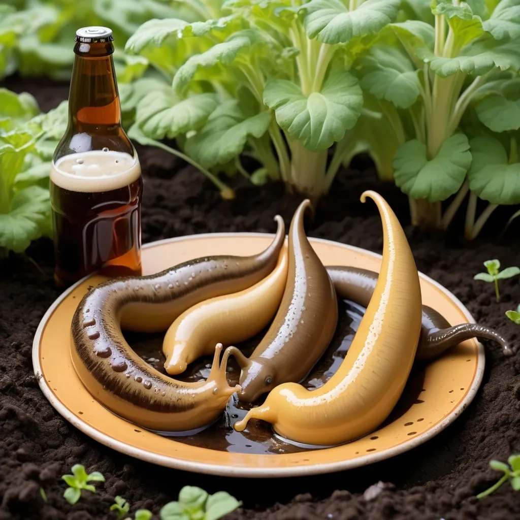 Prompt: Slugs drowning themselves in a plate of beer that place on the soil around the vegetable garden 