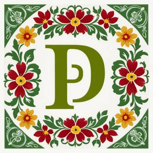 Prompt: The image features a delicate, floral and checkered pattern. At the center of the pattern is a large letter 'P' in a stylized font, colored in shades of yellow and green with red flowers at the top and bottom. The background of the image is white color.
