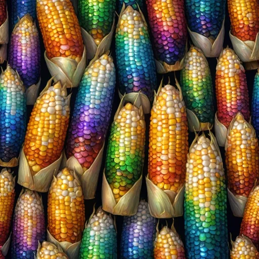 Prompt: Multicolor dragon scale kernels corn on the cob painting