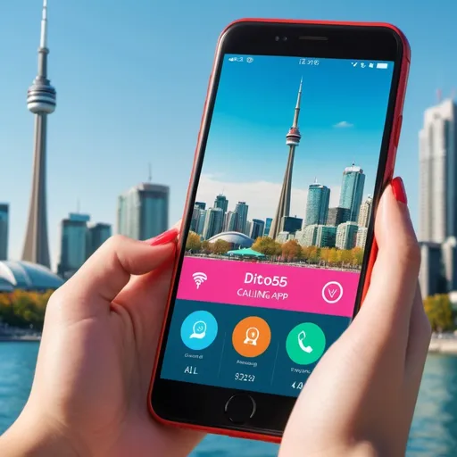 Prompt: a mobile phone shows a calling app dialing 416-555-5555 number, with Toronto's CN Tower and a girl in the background