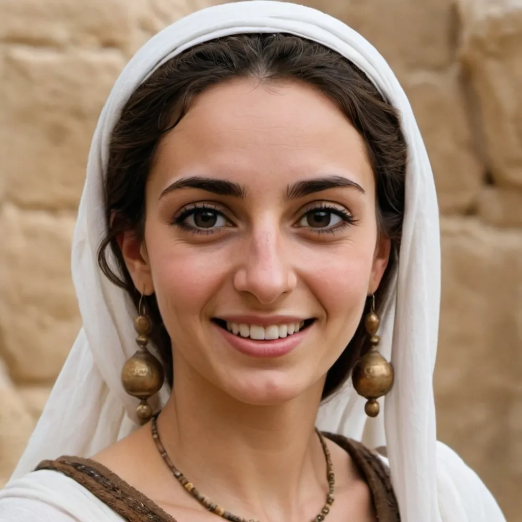 Prompt: middle eastern woman modestly dressed with minimal makeup as a common woman in 5th century BC with a happy spirit
