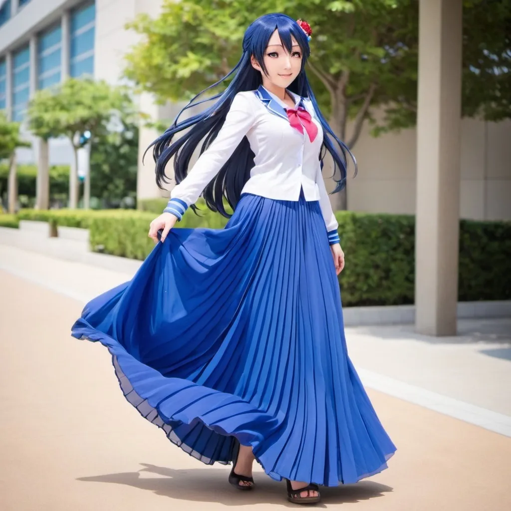 Prompt: Love Live anime Umi Sonoda wearing a maxi long floor-length pleated skirt that is very long.