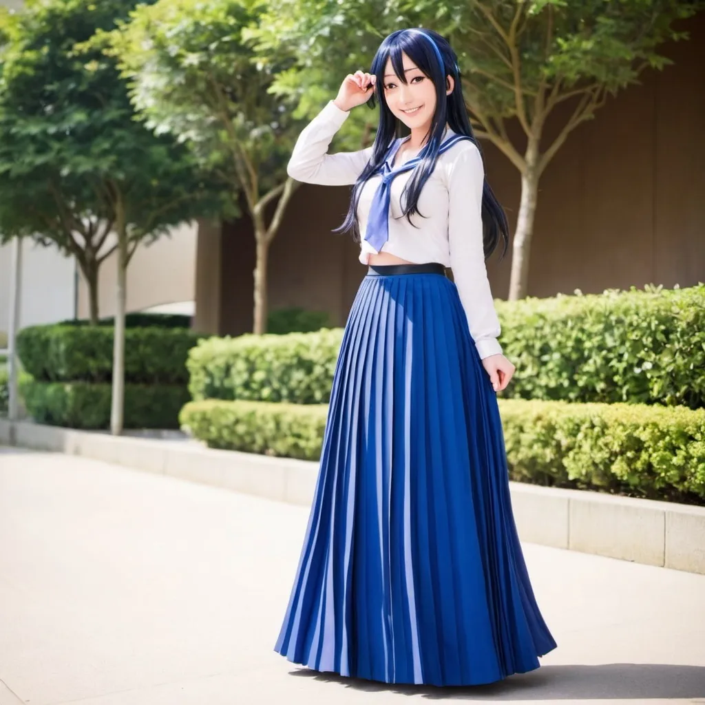 Prompt: Love Live anime Umi Sonoda wearing a maxi long floor-length pleated skirt that is very long.