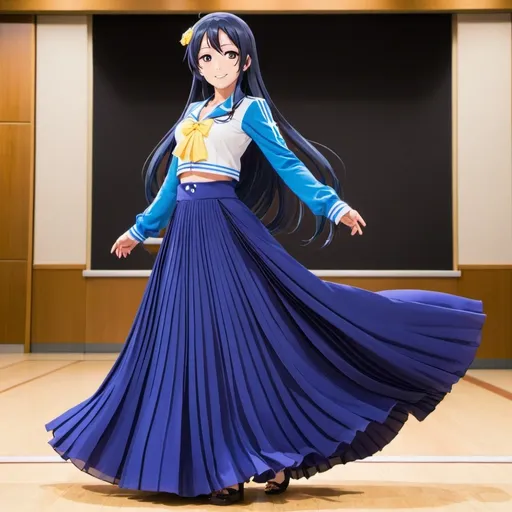 Prompt: Love Live anime Umi Sonoda wearing a maxi long floor-length pleated skirt that is very long.