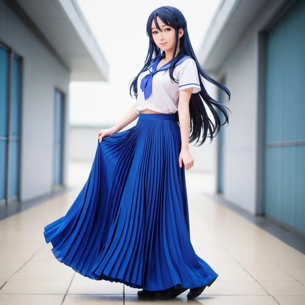 Prompt: Love Live anime Umi Sonoda wearing a maxi long floor-length pleated skirt.