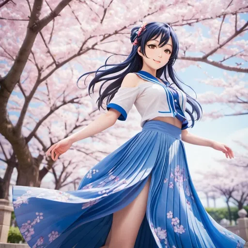 Prompt: Love Live anime Umi Sonoda wearing a maxi long floor-length pleated skirt that is very long.