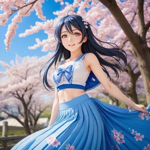 Prompt: Love Live anime Umi Sonoda wearing a maxi long floor-length pleated skirt that is very long.