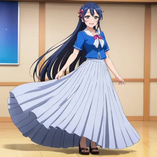 Prompt: Love Live anime Umi Sonoda wearing a maxi long floor-length pleated skirt that is very long.