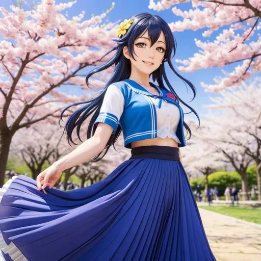 Prompt: Love Live anime Umi Sonoda wearing a maxi long floor-length pleated skirt that is very long.