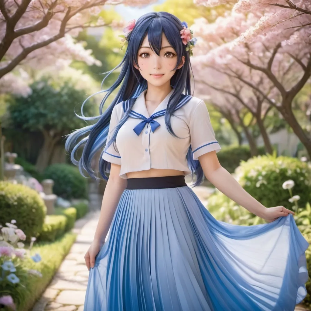 Prompt: Love Live anime Umi Sonoda wearing a maxi long floor-length pleated skirt.