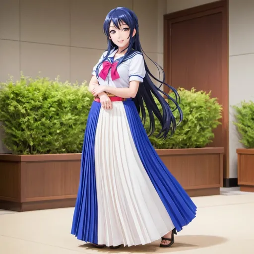 Prompt: Love Live anime Umi Sonoda wearing a maxi long floor-length pleated skirt that is very long.