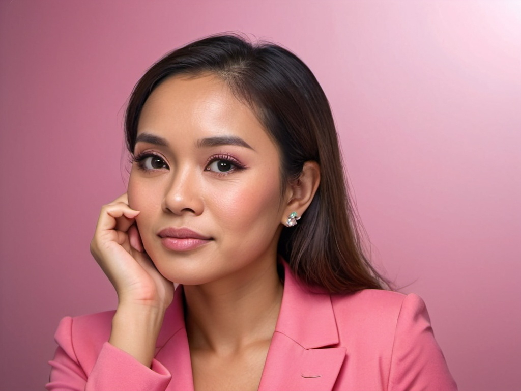 Prompt: an Indonesian woman in a pink suit poses for a photo with her hand on her chin and her hand on her cheek, Araceli Gilbert, lyco art, full round face, stock photo, full body visible