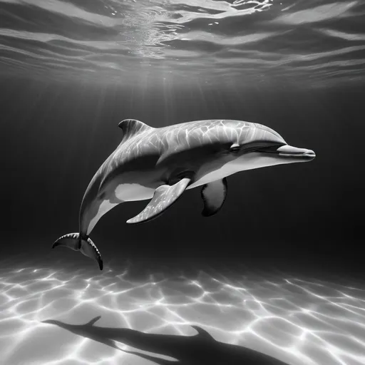 Prompt: (black and white) dolphin, gracefully gliding through crystal-clear water, waves gently rippling, (serene) atmosphere, (detailed textures) on the dolphin's skin, luminous light filtering through water, (high quality) 4K, captivating composition, tranquil underwater scene, showcasing the beauty of marine life, peaceful vibe, stunning visuals, ultra-detailed elegance.