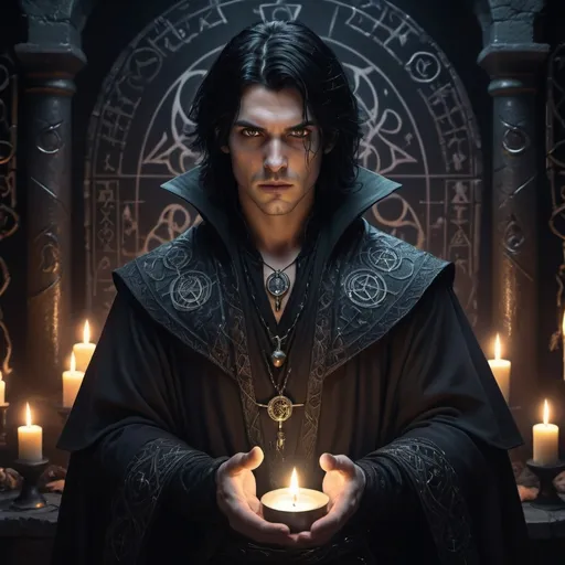 Prompt: dungeons and dragons male human warlock black hair grey eyes