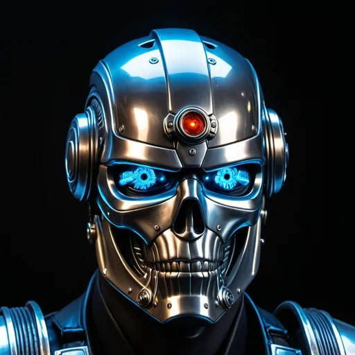 Prompt: Román empire soldier's helmet with light blue eyes glowing in a way similar to a t1000 Terminator, black background.