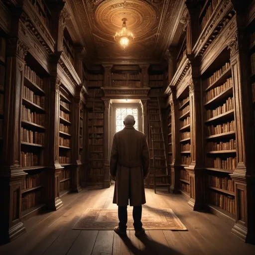 Prompt: (mystical library), ancient shelves lined with dusty (forbidden books), dimly lit with ethereal light, golden accents illuminating delicate pages, layers of mystery in the air, shadowy corners infused with secrets, intricate woodwork, warm earth tones contrasting against dark shadows, inviting yet ominous atmosphere, (4K), ultra-detailed, enchanted setting, the scent of age-old knowledge pervades the space. Man standing in the middle