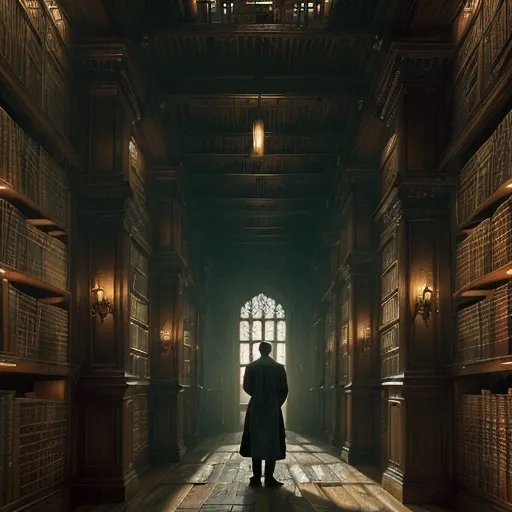 Prompt: (mystical library), ancient shelves lined with dusty (forbidden books), dimly lit with ethereal light, golden accents illuminating delicate pages, layers of mystery in the air, shadowy corners infused with secrets, intricate woodwork, warm earth tones contrasting against dark shadows, inviting yet ominous atmosphere, (4K), ultra-detailed, enchanted setting, the scent of age-old knowledge pervades the space. Man standing in the middle