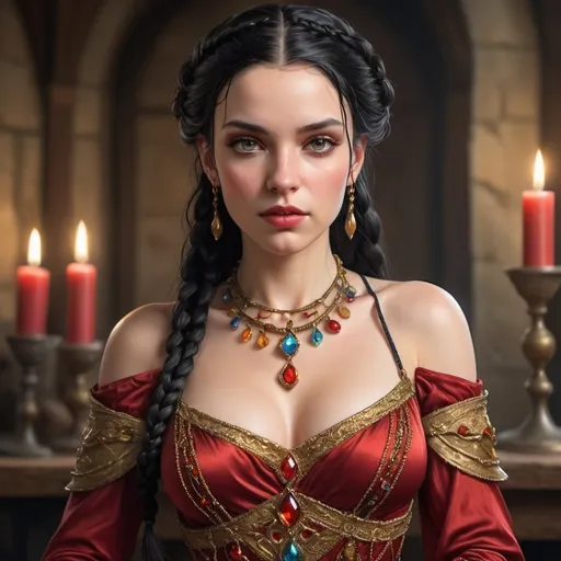 Prompt: A fantasy medieval alluring woman with a small, flat figure. Her black hair should be done up with braids and decorated with colorful glass beads and other baubles. She wears a silky red and gold dress that is floor length. The neckline plunges very deep and is covered by a thin mess, revealing the center of her chest.

