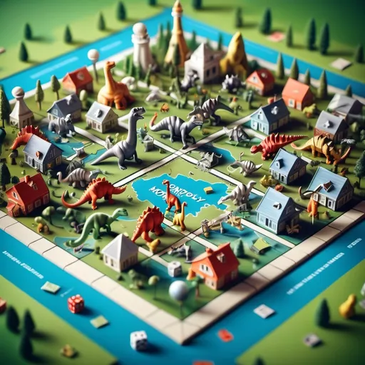 Prompt: aerial view, tilt-shift, isometric monopoly world, detailed landscape world render with tiny houses and , dinosaurs, dice