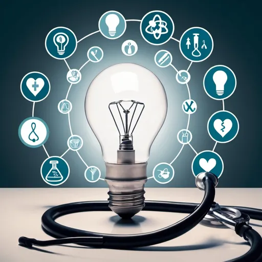 Prompt: Light bulb surrounded by a stethoscope and showing inside several healthcare signs 