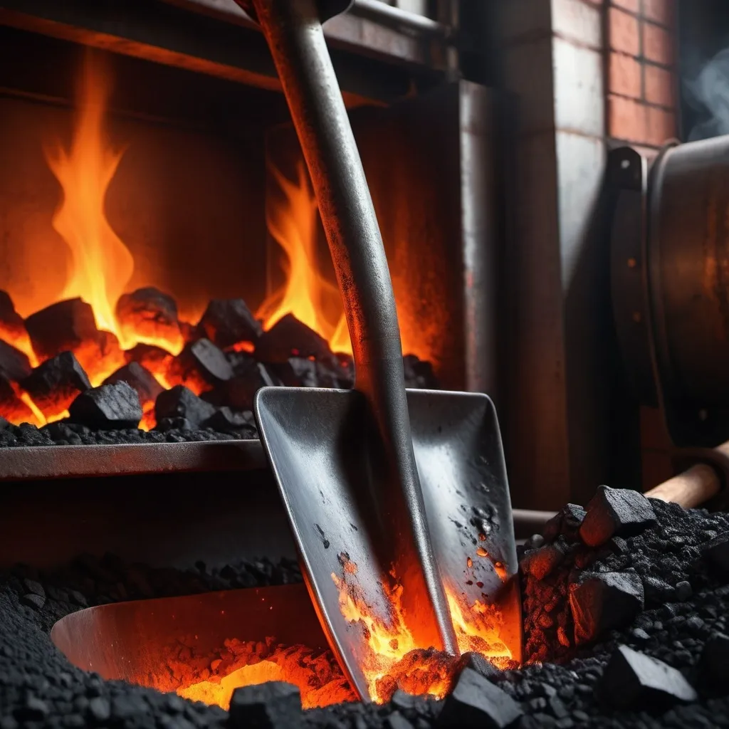 Prompt: photo of a shovel with burning coal closeup against the background of a burning boiler