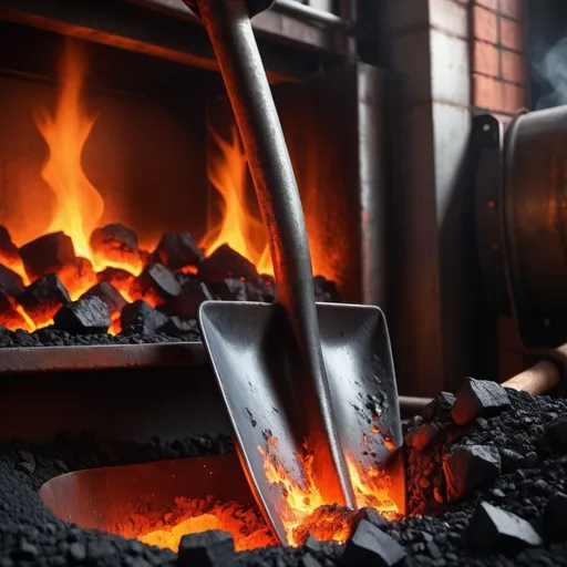 Prompt: photo of a shovel with burning coal closeup against the background of a burning boiler