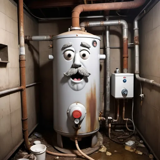 Prompt: Create an image of an anthropomorphized old hot water heater with a grey beard, leaking, rusty in a cluttered basement