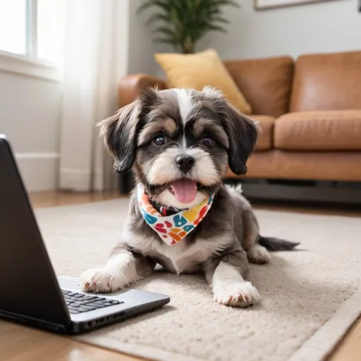 Prompt: Background: A cozy living room setting with a soft carpet and a few scattered dog toys. In the background, there's a comfortable-looking sofa and a window showing a sunny day outside.

Dog: A fluffy, small breed dog, such as a Doodle mix or a Shih Tzu, sitting on the carpet. The dog has big, expressive eyes that look directly at the viewer, and its head is slightly tilted to one side, giving it a curious and questioning look.

Expression: The dog’s ears are perked up, and its mouth is slightly open as if it’s about to bark or make a cute, inquisitive noise. Its tail is wagging gently.

Details: The dog is wearing a colorful bandana around its neck with a logo that says ARRT.

Speech Bubble: Above the dog's head, there's a speech bubble with a cute font that says, "Have you ever used Scribe?"

Props: Next to the dog, there is an open book with pictures of different SOP solutions, and a small chalkboard on the side with the words “SOP” written on it, with options like “Scribe?,” “Document360,” and “WayBook” listed below.