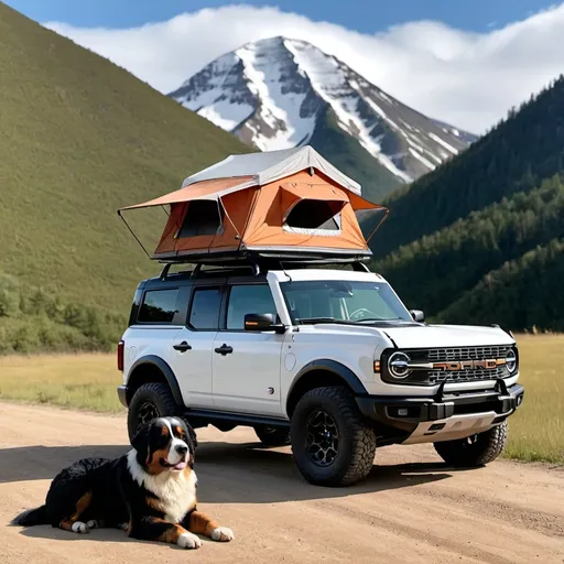 Prompt: A 2023 Ford Bronco at the base of a mountain.  A Bernese Mountain Dog is looking out of the back window, which is open.  The Ford Bronco has a closed rooftop tent on the roof.