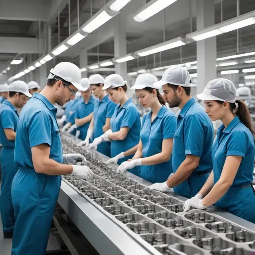 Prompt: Your task is to design a set of images that depicts a consultant expert in operations meeting a group of workers working on an assembly line inspecting the quality of the product.  The assembly line works are different age groupe and all wear company uniform.
