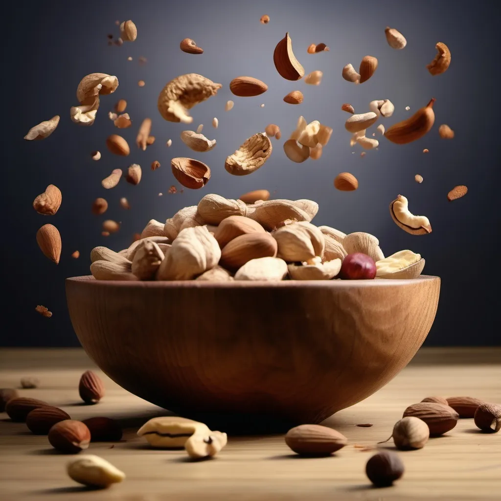 Prompt: different nuts falling in a wooden bowl in surrealistic ambiance