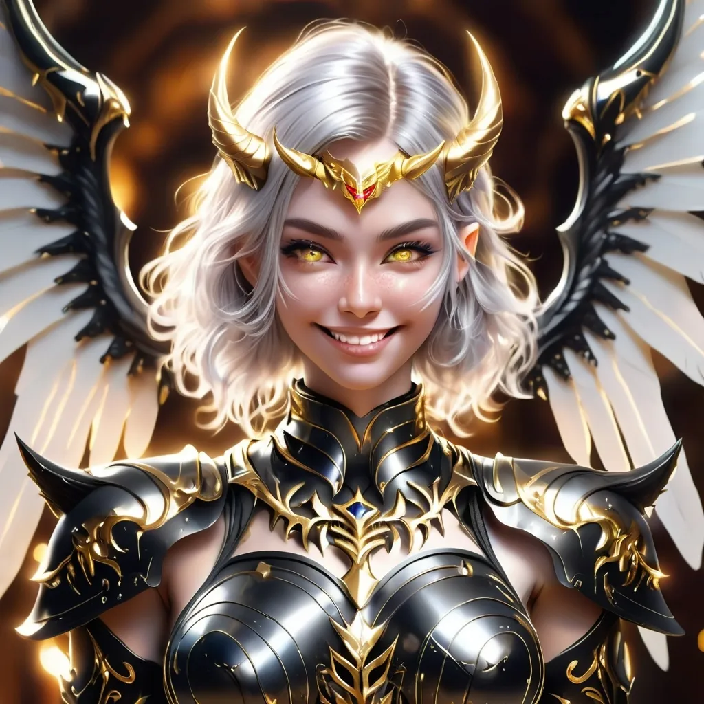 Prompt: front view, woman with silver and white hair wearing obsidian armor gear with intricate gold designs, devil wings with gold lines and golden eyes, in the style of fantasypunk, epic, webcam photography, wide smile, feminine body, glowing, lively tableaus, soft light, octane render, cinematic, hyper detailed, ultra photorealistic, hyper-realistic