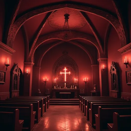 Prompt: tranquil satanic sanctuary with comfy pews, red is the primary color. picture is pixilated. pixels
