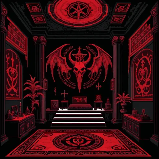 Prompt: pixel-based art. tranquil satanic temple sanctuary calming room. mainly red, but partly black and/or white walls would be kind of cool. must be calming, but my pixels, square-based art.