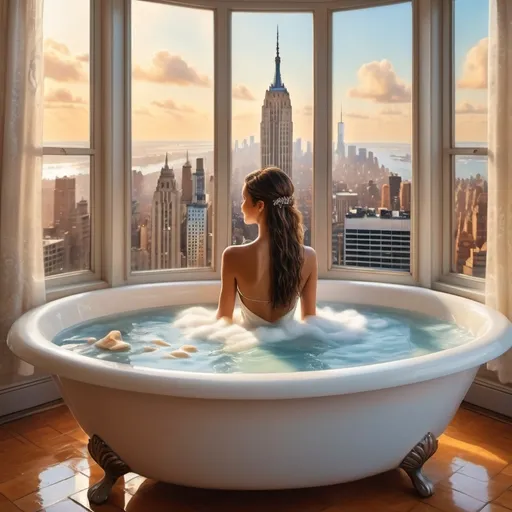 Prompt: (young Brazilian woman) taking a luxurious foam bath, long bath creating a serene atmosphere, (revealing legs) gracefully positioned, (New York City view) visible through a large window, (realistic) beautifully captured in detail, (mirrored lens) creating an intriguing visual effect, (oil painting) masterpiece, soft colors contrasted with vibrant city hues, (high resolution) ultra-detailed, front view showcasing the elegance and tranquility of the scene.