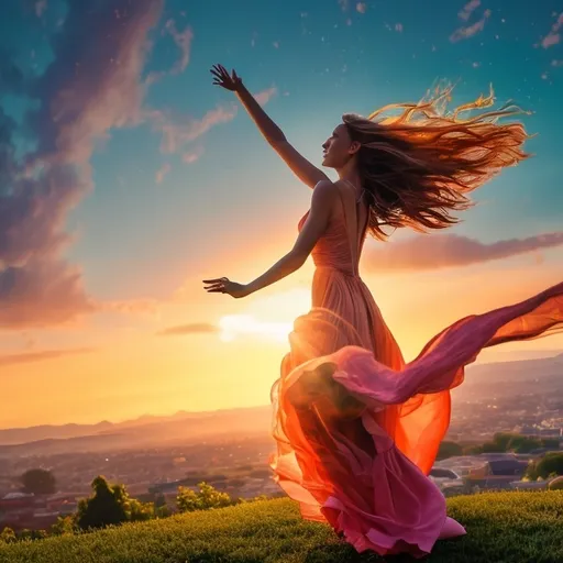 Prompt: beautiful woman chasing an early sunrise, (dynamic pose), vibrant colors filling the sky, with hues of orange, pink, and gold, light reflecting on her hair, wearing a flowing dress that flutters in the breeze, lush green landscape in the background, (ethereal lighting), capturing a sense of freedom and hope, highly detailed, warm and uplifting atmosphere, HD quality image, show from front, have dress show some skin