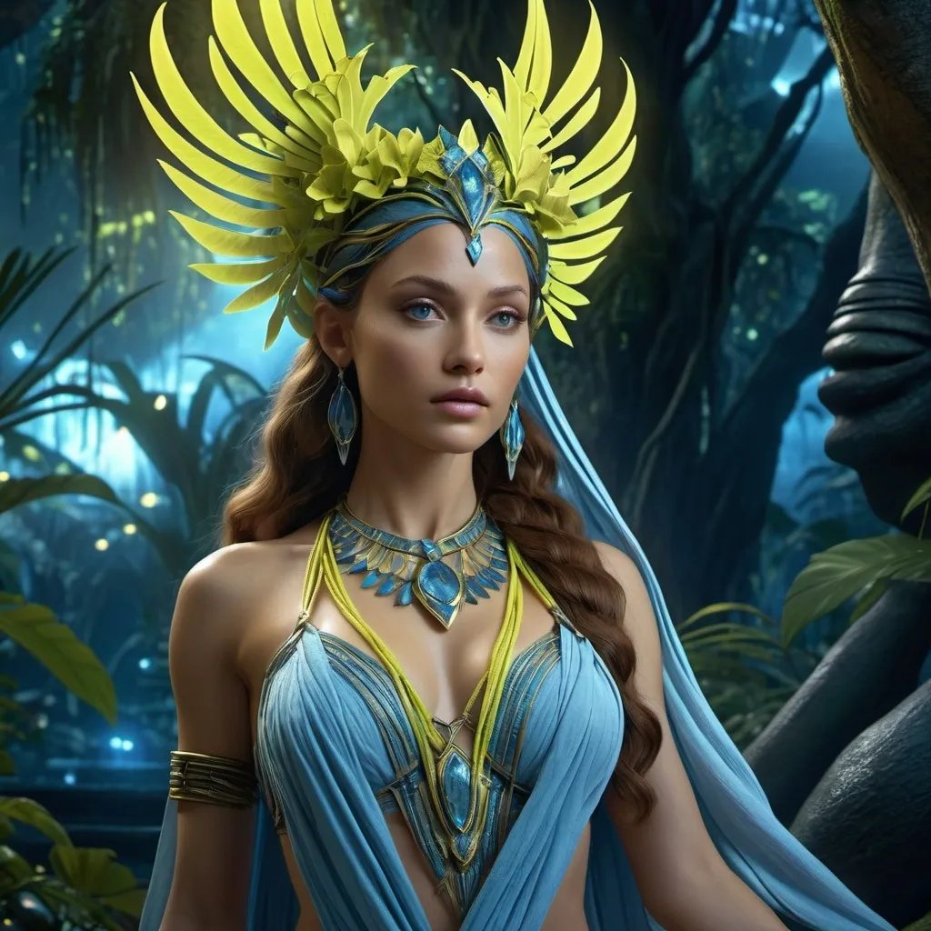 Prompt: HD 4k 3D 8k professional modeling photo hyper realistic beautiful woman enchanted Na'vi Princess, ethereal greek goddess, full body surrounded by ambient glow, magical, highly detailed, intricate, lush Pandora paradise at dusk, outdoor landscape, highly realistic woman, high fantasy background, elegant, mythical, surreal lighting, majestic, goddesslike aura, Annie Leibovitz style 

