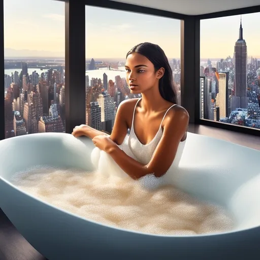 Prompt: (young Brazilian woman) taking a luxurious foam bath, long bath creating a serene atmosphere, (revealing legs) gracefully positioned, (New York City view) visible through a large window, (realistic) beautifully captured in detail, (mirrored lens) creating an intriguing visual effect, (oil painting) masterpiece, soft colors contrasted with vibrant city hues, (high resolution) ultra-detailed, front view showcasing the elegance and tranquility of the scene.