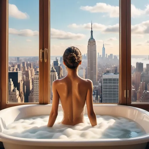 Prompt: (young Brazilian woman) taking a luxurious foam bath, long bath creating a serene atmosphere, (revealing legs) gracefully positioned, (New York City view) visible through a large window, (realistic) beautifully captured in detail, (mirrored lens) creating an intriguing visual effect, masterpiece, soft colors contrasted with vibrant city hues, (high resolution) ultra-detailed, front view showcasing the elegance and tranquility of the scene. show the front of the women