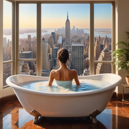 Prompt: (young Brazilian woman) taking a luxurious foam bath, long bath creating a serene atmosphere, (revealing legs) gracefully positioned, (New York City view) visible through a large window, (realistic) beautifully captured in detail, (mirrored lens) creating an intriguing visual effect, (oil painting) masterpiece, soft colors contrasted with vibrant city hues, (high resolution) ultra-detailed, front view showcasing the elegance and tranquility of the scene.